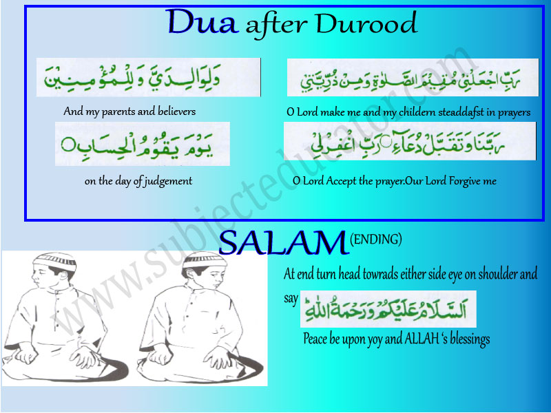 dua and salam after darood reciteation in namaz.kid picture showing way how to say salam on both sides.